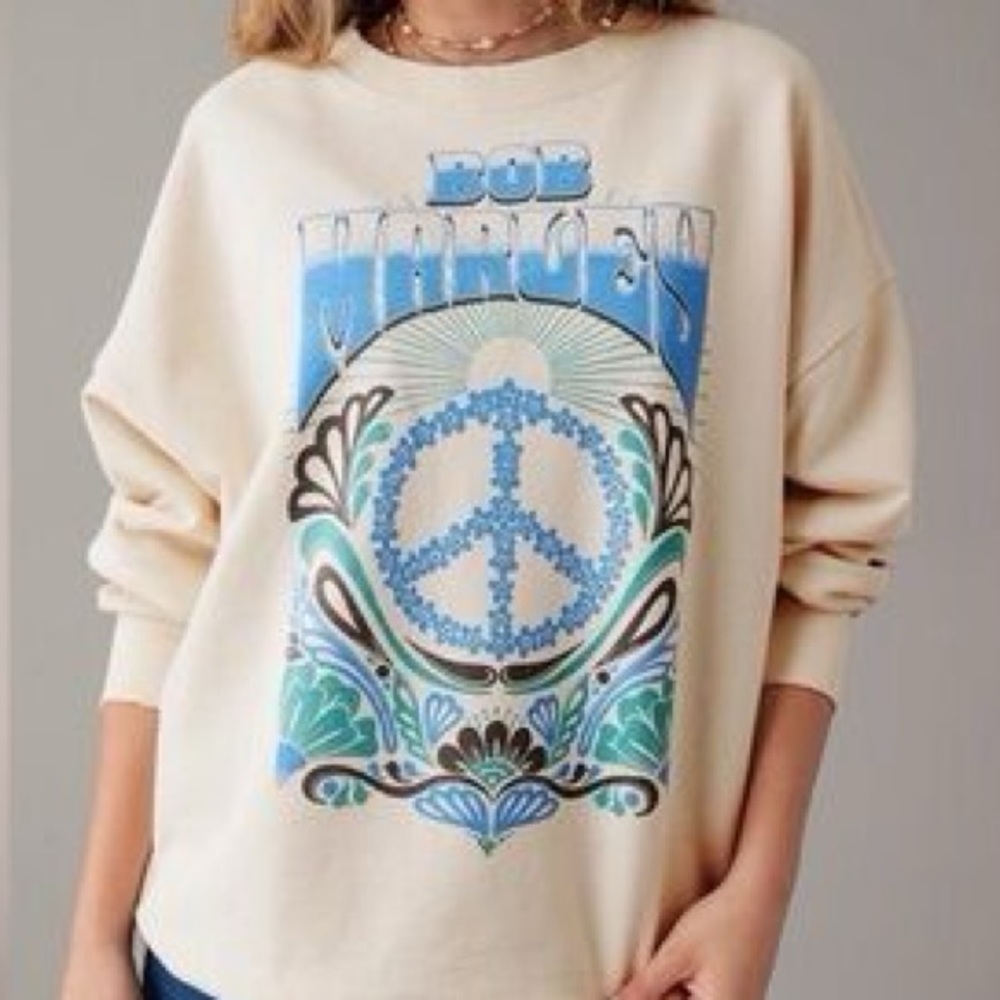 American Eagle / Bob Marley Peace Sign Beige Sweatshirt Sweater - Picture 2 of 6